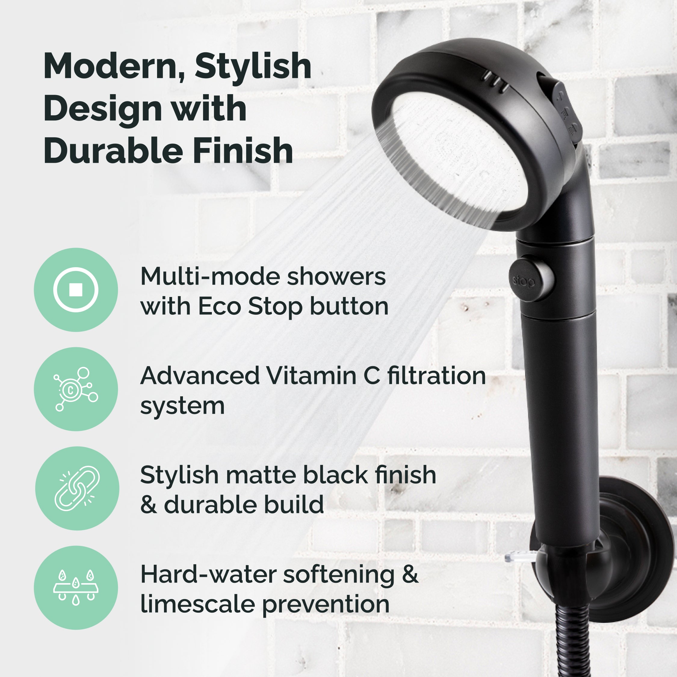 Black Ecopower Shower Head with Hard Water Filtration Kit
