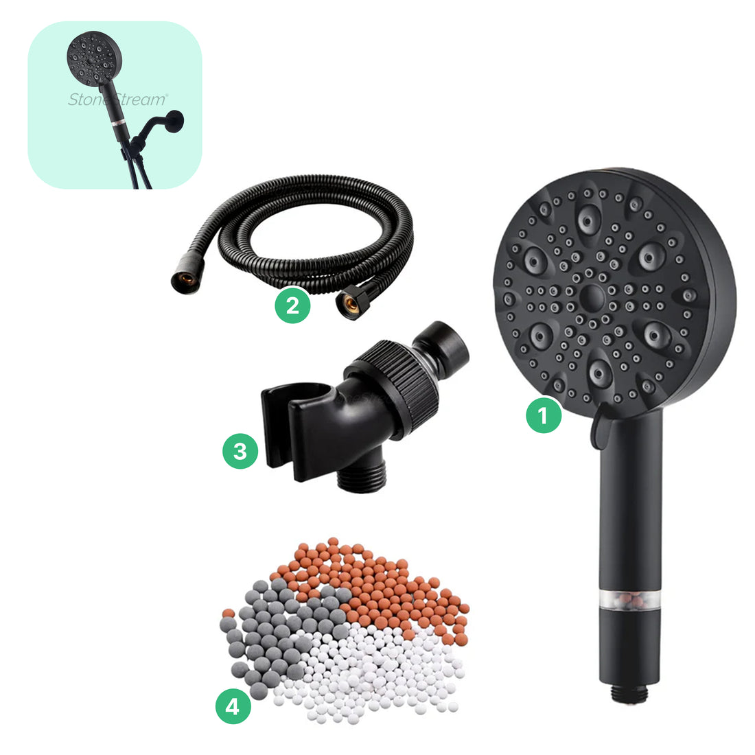 Pommeau de Douche EcoLux 9 Modes en Acier Inoxydable Noir + Kit Adaptateur Mural