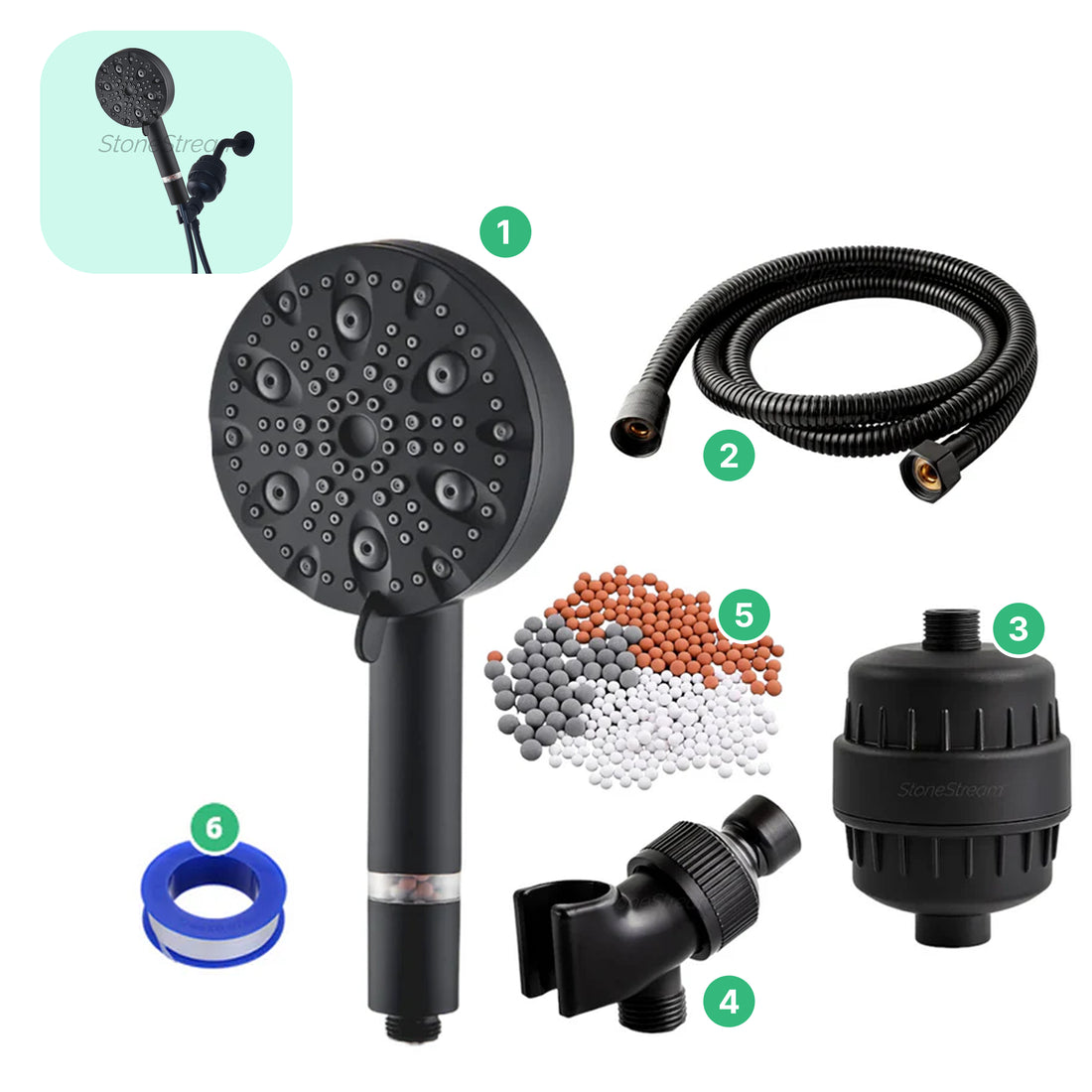 Tête de douche noire de luxe à 9 modes avec kit de filtration en eau dure