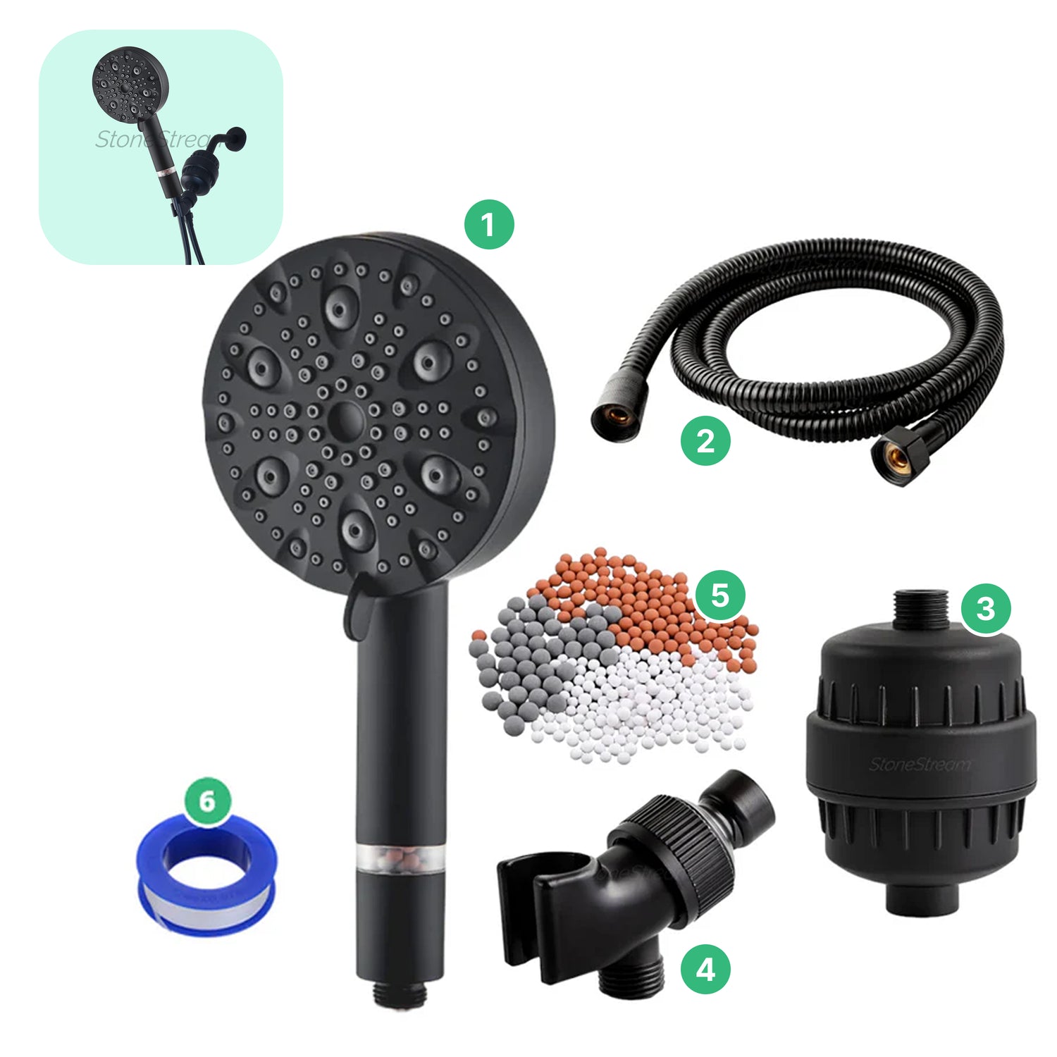 Tête de douche noire de luxe à 9 modes avec kit de filtration en eau dure