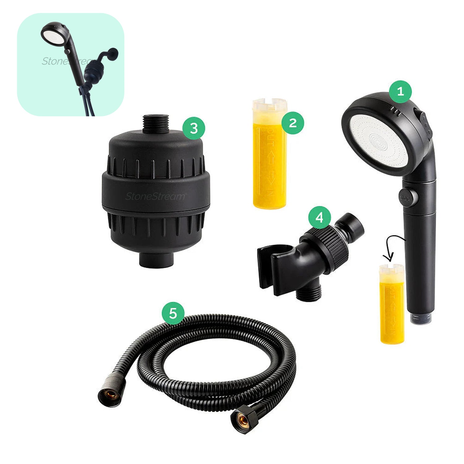 Pomme de douche noire ecopower avec kit de filtration en eau dure