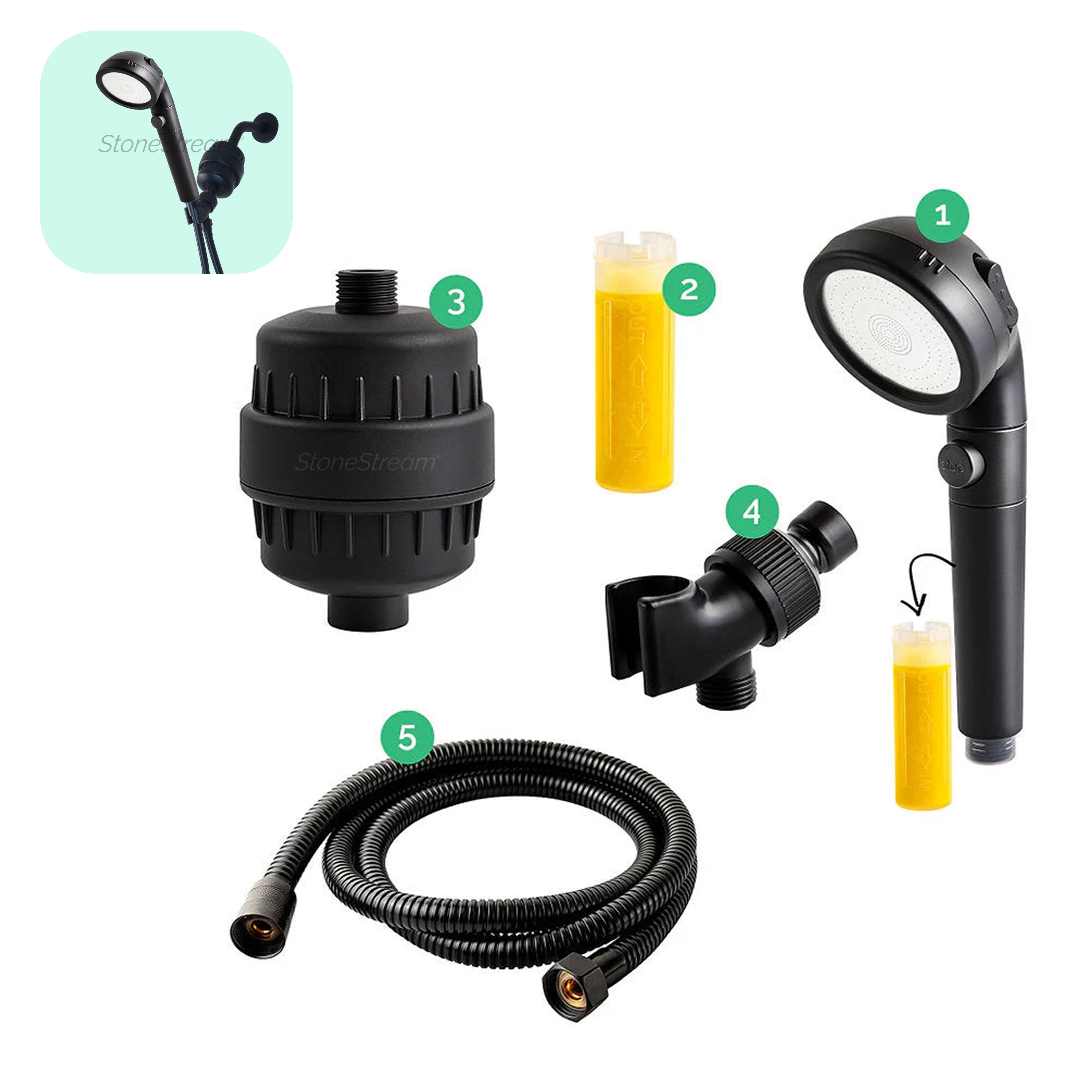 Pomme de douche noire ecopower avec kit de filtration en eau dure