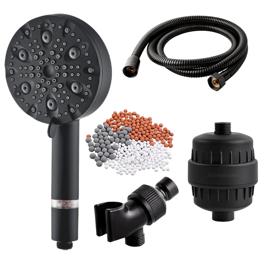 Tête de douche noire de luxe à 9 modes avec kit de filtration en eau dure