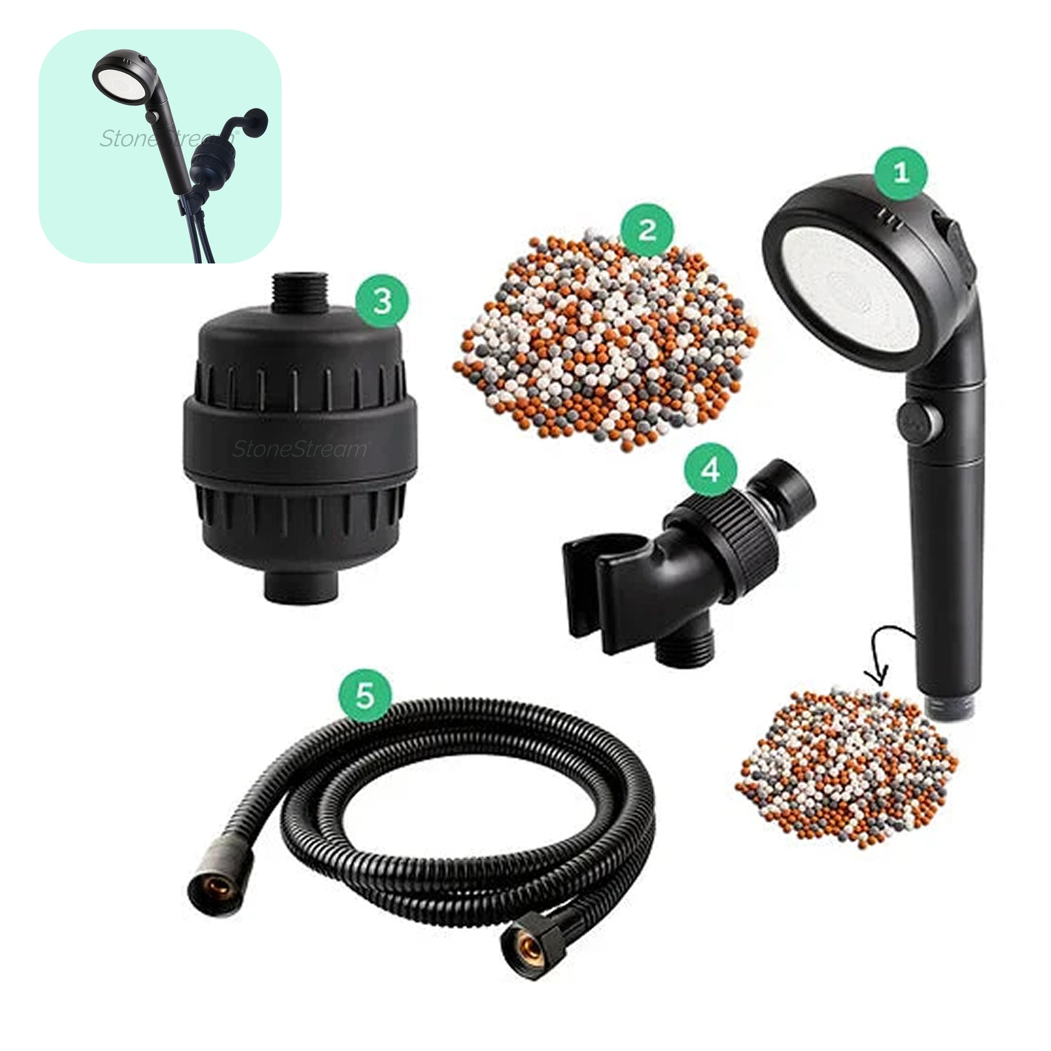 Pommeau de Douche Ecopower Noir avec Kit de Filtration Anti-Calcaire